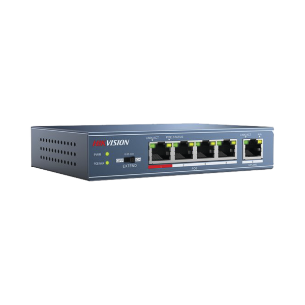 Switch PoE / 250 Metros PoE LARGA DISTANCIA / 4 Puertos 802.3at (30 W) 10/100 Mbps + 1 Puerto Uplink (10 / 100 Mbps) - HIKVISION DS-3E0105P-E. Videovigilancia HIKVISION DS-3E0105P-E