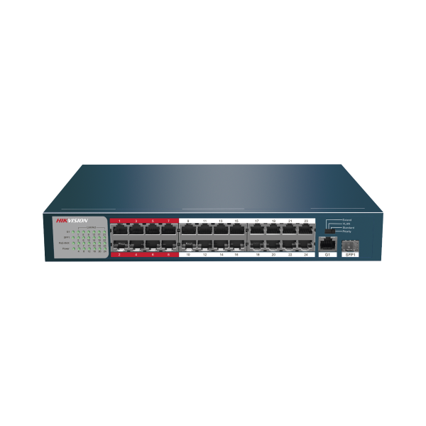 Switch No Administrable 24 Puertos PoE+ 100 Mbps / Switch PoE 250 mts LARGA DISTANCIA / 1 Puerto SFP / 1 Puerto Uplink Gigabit - HIKVISION DS-3E0326P-E/M(B). Videovigilancia HIKVISION DS-3E0326P-E/M(B)