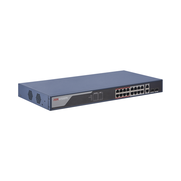 Switch PoE Administrable / 300 Metros LARGA DISTANCIA / Configuración WEB / 16 Puertos PoE 802.3 af/at  100 Mbps / 2 Puertos Gigabit / Compatible con Hik-Central - HIKVISION DS-3E1318P-EI. Videovigilancia HIKVISION DS-3E1318P-EI
