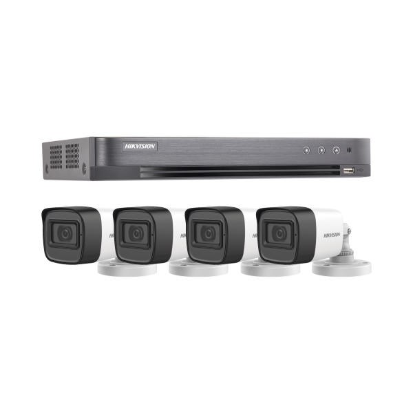 KIT TURBOHD 5 Megapixel / DVR 4 Canales / 4 Cámaras Bala con Micrófono Integrado (exterior 2.8 mm) / Fuente de Poder / Accesorios de Instalación - HIKVISION HIK5MPSLQ-KIT. Videovigilancia HIKVISION HIK5MPSLQ-KIT