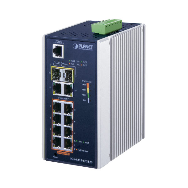 Switch industrial Administrable L2 de 8 puertos Gigabit c/PoE 802.3at + 2 puertos Gigabit + 2 puertos SFP (240W) - PLANET IGS-4215-8P2T2S. Videovigilancia PLANET IGS-4215-8P2T2S