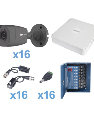 KIT TurboHD 720p / Incluye DVR 16 Ch / 16 cámaras balas (interior - exterior 3.6 mm) / Transceptores / Conectores / Fuente de poder profesional - EPCOM KESTXLT16B. Videovigilancia EPCOM KESTXLT16B
