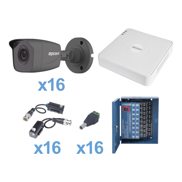 KIT TurboHD 720p / Incluye DVR 16 Ch / 16 cámaras balas (interior - exterior 3.6 mm) / Transceptores / Conectores / Fuente de poder profesional - EPCOM KESTXLT16B. Videovigilancia EPCOM KESTXLT16B