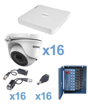 KIT TurboHD 720p / Incluye DVR 16ch / 16 cámaras domo 2.8mm / Transceptores / Conectores / Fuente de poder profesional Heavy Duty 20A