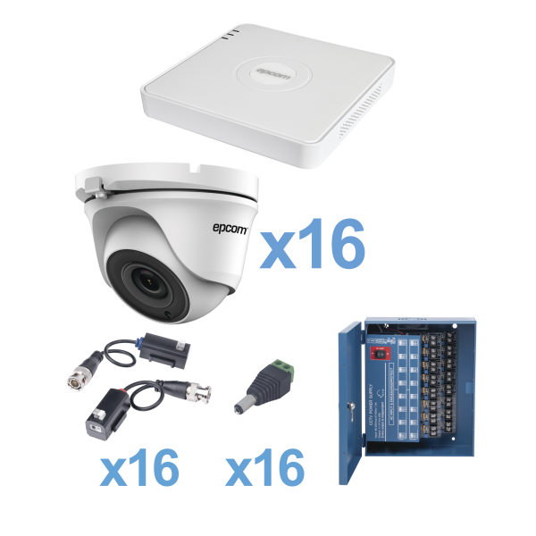 KIT TurboHD 720p / Incluye DVR 16ch / 16 cámaras domo 2.8mm / Transceptores / Conectores / Fuente de poder profesional Heavy Duty 20A