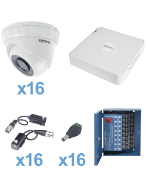 KIT TurboHD 720p / DVR 16 Canales / 16 Cámaras Eyeball (interior 3.6mm) / Transceptores / Conectores / Fuente de Poder Profesional - EPCOM KESTXLT16EW. Videovigilancia EPCOM KESTXLT16EW