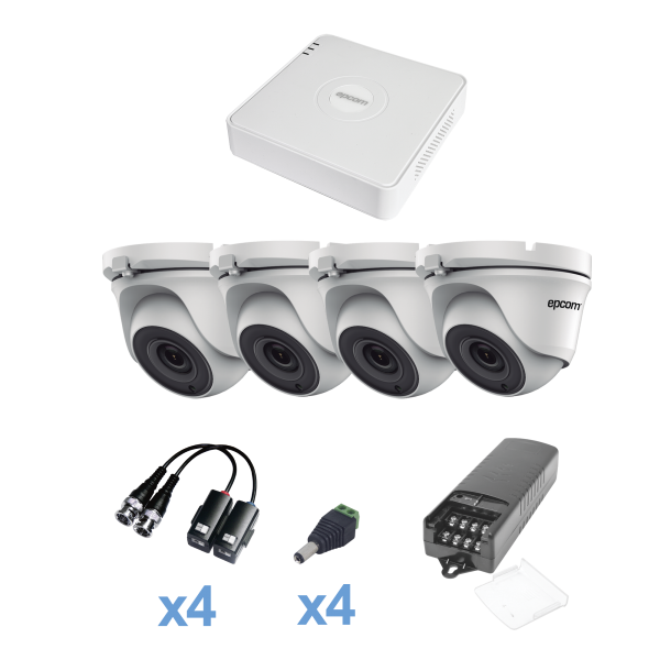KIT TurboHD 720p / DVR 4 Canales / 4 Cámaras Eyeball 92° visión (exterior) / Transceptores / Conectores / Fuente de Poder Profesional - EPCOM KESTXLT4EW. Videovigilancia EPCOM KESTXLT4EW