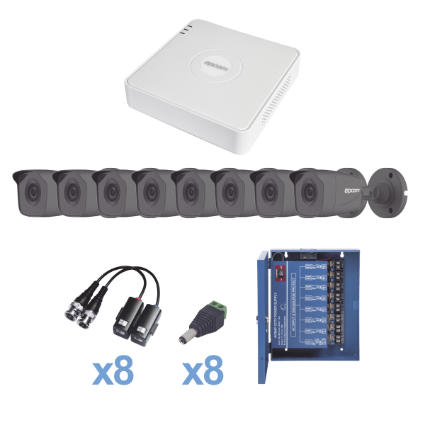 KIT TurboHD 720p / Incluye DVR 8 Ch / 8 Cámaras Balas (exterior 2.8 mm) / Conectores / Transceptores / Fuente de Poder Profesional hasta 15 Vcd para Larga Distancia - EPCOM KESTXLT8B. Videovigilancia EPCOM KESTXLT8B