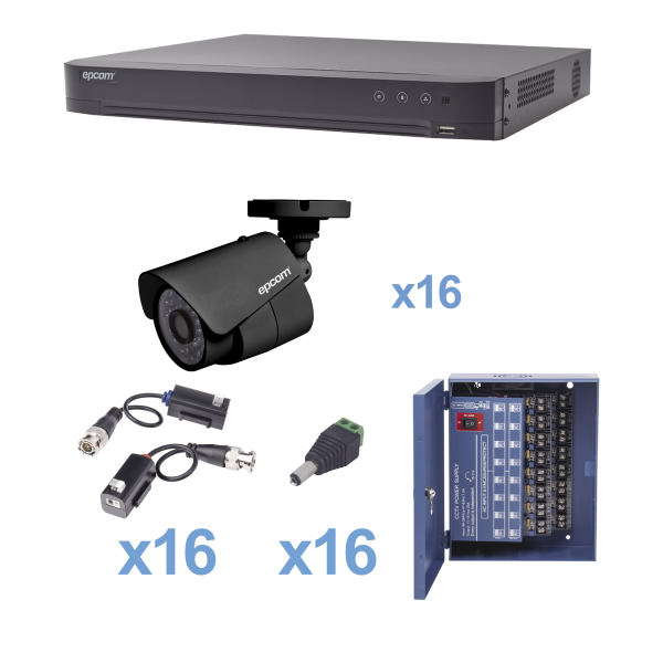 KIT TurboHD 1080p / DVR 16 Canales / 16 Cámaras Bala (exterior 2.8 mm) / Transceptores / Conectores / Fuente de Poder Profesional - EPCOM KEVTX8T16B. Videovigilancia EPCOM KEVTX8T16B