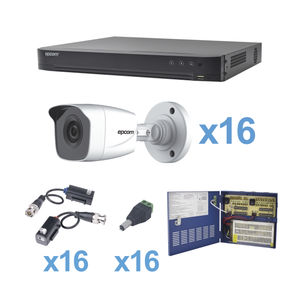 KIT TurboHD 1080p / DVR 16 Canales / 16 Cámaras Bala (exterior 2.8 mm) / Transceptores / Conectores / Fuente de Poder Profesional - EPCOM KEVTX8T16BW. Videovigilancia EPCOM KEVTX8T16BW