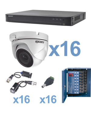 KIT TurboHD 1080p / DVR 16 Canales / 16 Cámaras Eyeball (exterior 2.8 mm) / Transceptores / Conectores / Fuente de Poder Profesional - EPCOM KEVTX8T16EW. Videovigilancia EPCOM KEVTX8T16EW
