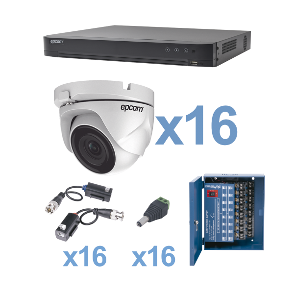 KIT TurboHD 1080p / DVR 16 Canales / 16 Cámaras Eyeball (exterior 2.8 mm) / Transceptores / Conectores / Fuente de Poder Profesional - EPCOM KEVTX8T16EW. Videovigilancia EPCOM KEVTX8T16EW