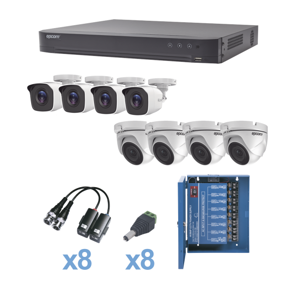 KIT TurboHD 1080p / DVR 8 Canales / 4 Cámaras Bala (exterior 2.8 mm) / 4 Cámaras Eyeball (exterior 2.8 mm) / Transceptores / Conectores / Fuente de Poder Profesional hasta 15 Vcd para Largas Distancias - EPCOM KEVTX8T4BW/4EW. Videovigilancia EPCOM KEVTX8T4BW/4EW
