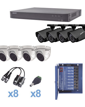 KIT TurboHD 1080p / DVR 8 Canales / 4 Cámaras Bala (exterior 2.8 mm) / 4 Cámaras Eyeball (exterior 2.8 mm) / Transceptores / Conectores / Fuente de Poder Profesional hasta 15 Vcd para Largas Distancias - EPCOM KEVTX8T4B/4EW. Videovigilancia EPCOM KEVTX8T4B/4EW