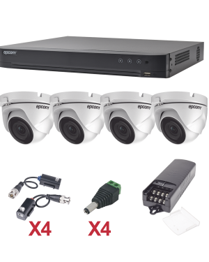 KIT TurboHD 1080p / DVR 4 Canales / 4 Cámaras Eyeball (exterior 2.8 mm) / Transceptores / Conectores / Fuente de Poder Profesional - EPCOM KEVTX8T4EW. Videovigilancia EPCOM KEVTX8T4EW