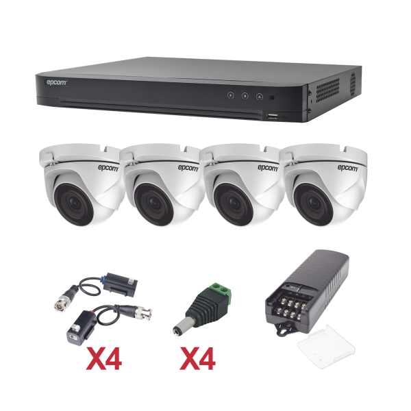 KIT TurboHD 1080p / DVR 4 Canales / 4 Cámaras Eyeball (exterior 2.8 mm) / Transceptores / Conectores / Fuente de Poder Profesional - EPCOM KEVTX8T4EW. Videovigilancia EPCOM KEVTX8T4EW