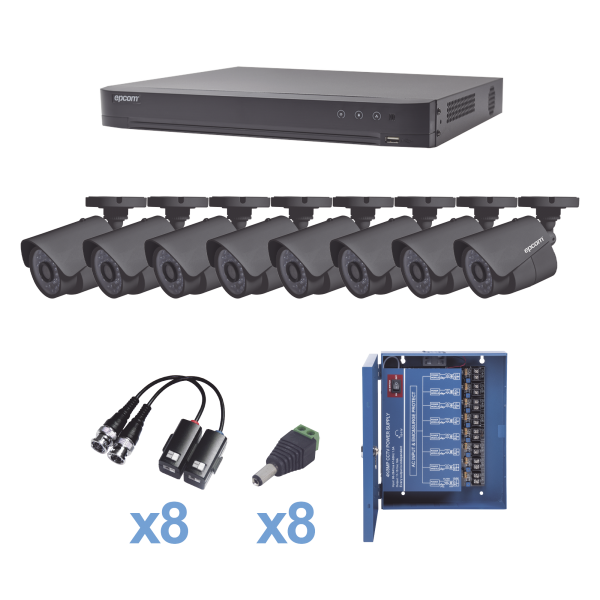 KIT TurboHD 1080p / DVR 8 Canales / 8 Cámaras Bala (exterior 2.8 mm) / Transceptores / Conectores / Fuente de Poder Profesional hasta 15 Vcd para Larga Distancia - EPCOM KEVTX8T8B. Videovigilancia EPCOM KEVTX8T8B