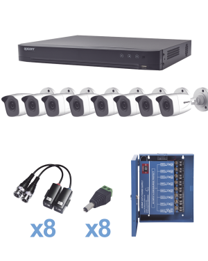 KIT TurboHD 1080p / DVR 8 Canales / 8 Cámaras Bala (exterior 2.8 mm) / Transceptores / Conectores / Fuente de Poder Profesional hasta 15 Vcd para Larga Distancias - EPCOM KEVTX8T8BW. Videovigilancia EPCOM KEVTX8T8BW