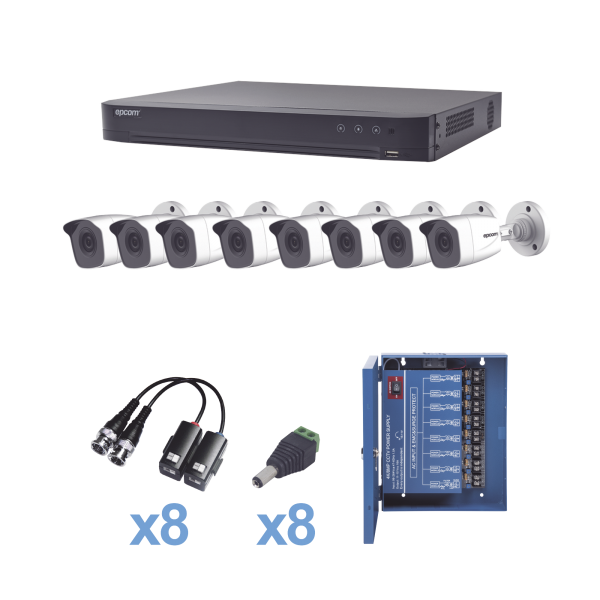 KIT TurboHD 1080p / DVR 8 Canales / 8 Cámaras Bala (exterior 2.8 mm) / Transceptores / Conectores / Fuente de Poder Profesional hasta 15 Vcd para Larga Distancias - EPCOM KEVTX8T8BW. Videovigilancia EPCOM KEVTX8T8BW