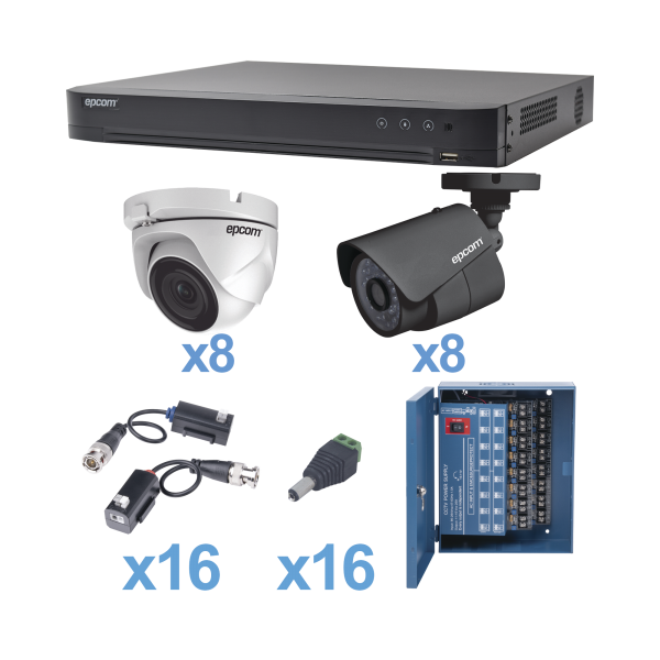 KIT TurboHD 1080p / DVR 16 Canales / 8 Cámaras Bala (exterior 2.8 mm) / 8 Cámaras Eyeball (exterior 2.8 mm) / Transceptores / Conectores / Fuente de Poder Profesional - EPCOM KEVTX8T8BW/8EW. Videovigilancia EPCOM KEVTX8T8BW/8EW