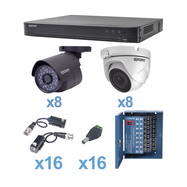 KIT TurboHD 1080p / DVR 16 Canales / 8 Cámaras Bala (exterior 2.8 mm) / 8 Cámaras Eyeball (exterior 2.8 mm) / Transceptores / Conectores / Fuente de Poder Profesional - EPCOM KEVTX8T8B/8EW. Videovigilancia EPCOM KEVTX8T8B/8EW