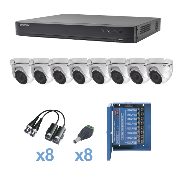 KIT TurboHD 1080p / DVR 8 Canales / 8 Cámaras Eyeball (exterior 2.8 mm) / Transceptores / Conectores / Fuente de Poder Profesional hasta 15 Vcd para Larga Distancia - EPCOM KEVTX8T8EW. Videovigilancia EPCOM KEVTX8T8EW