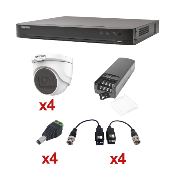KIT TurboHD 1080p / DVR 4 Canales / 4 Cámaras Domo (interior 2.8 mm) / Transceptores / Conectores / Fuente de Poder Profesional - HIKVISION KH1080P4DW. Videovigilancia HIKVISION KH1080P4DW