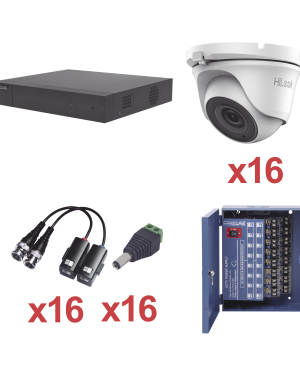 KIT TurboHD 720P / Incluye DVR 16 Canales / 16 Cámaras Eyeball 3.6 mm / Transceptores / Conectores / Fuente de Poder Profesional Hasta 15Vcd para Larga Distancias - HiLook by HIKVISION KH720P16EW. Videovigilancia HiLook by HIKVISION KH720P16EW