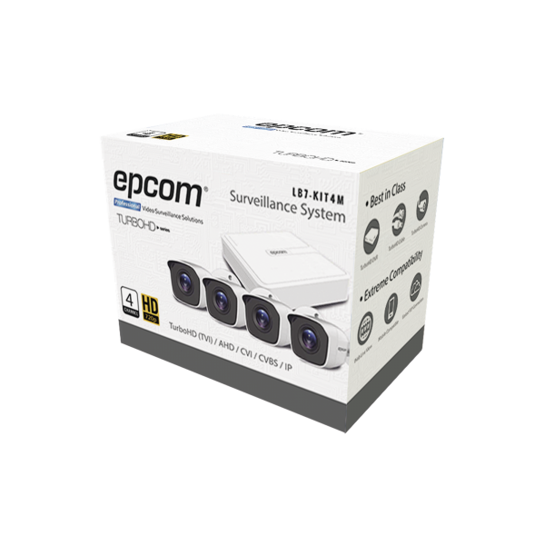Sistema Completo de 4 Cámaras Bala TURBOHD 720p / DVR 4 Canales / P2P / 4 Juegos de Cable de 18 mts - EPCOM LB7KIT4M. Videovigilancia EPCOM LB7KIT4M