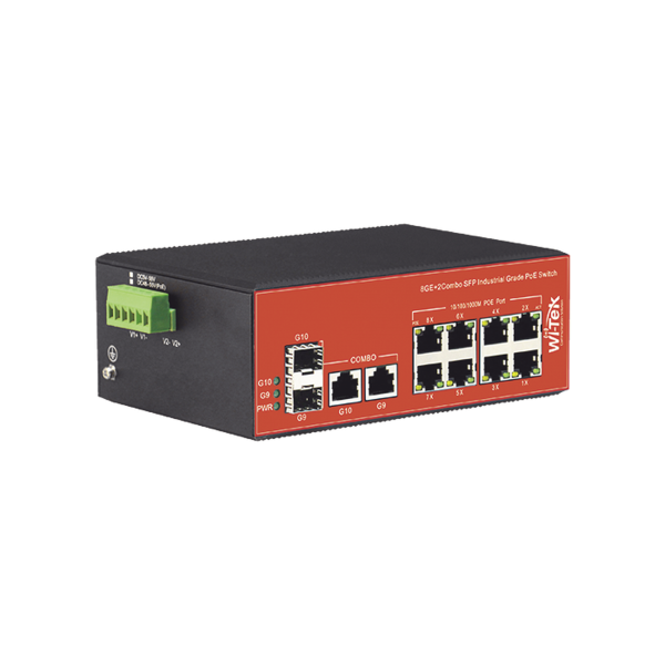 Switch Industrial PoE+ no administrable de 8 Puertos 10/100/1000Mbps + 2 SFP Combo